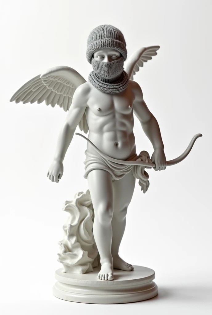 Greek-style statue of Cupid wearing balaclavas, with white background