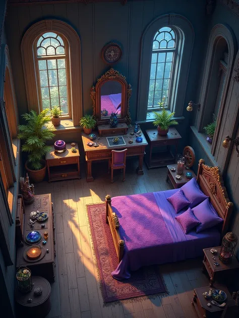 A large room with a wooden floor and dim lighting. One side is organized: it has a large, comfortable purple bed, a vanity with a mirror, gemstones on top, stone necklaces hanging, and a book with a quill and ink also on it. The other side has a darker vib...