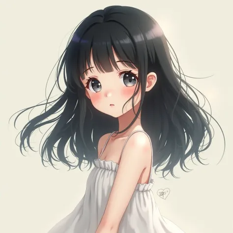 anime very shy girl with tall black hair, white ayes and white dress and red cheeks