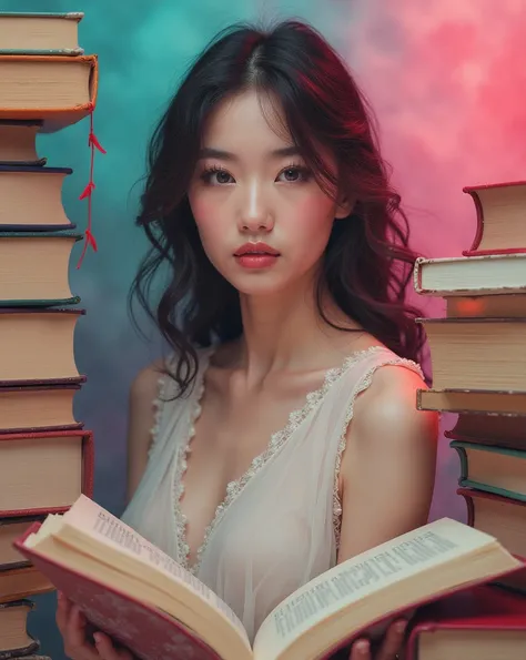 woman in the foreground with pink and turquoise background, With books around