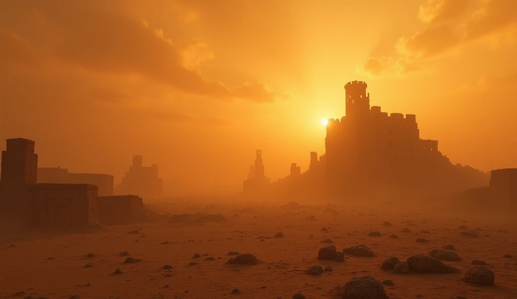 A vast, ancient desert landscape under a dim orange sky, with a crumbling vintage castle in the distance. The atmosphere is dusty with faint war drums echoing. The environment feels desolate and mysterious.