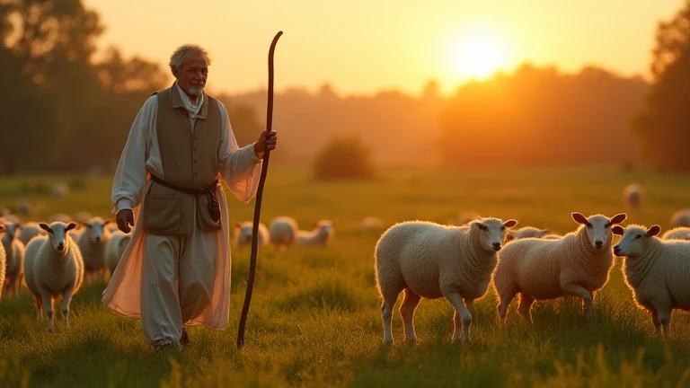  A shepherd walking through green pastures with a staff in his hand,  guiding his sheep with care .  The setting sun casts a golden glow over the scenery ,  bringing a sense of peace and security .  The shepherd represents God , And the sheep , Your ren,  ...