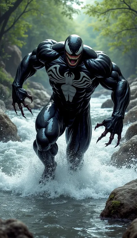 A powerful depiction of Venom, a comic book superhero.  Venom, a muscular, large figure, is centered in the image. He is dark-skinned and has a grotesque, almost monstrous face with a wide, toothy grin and bulging eyes. Venom's costume is a dark, almost bl...