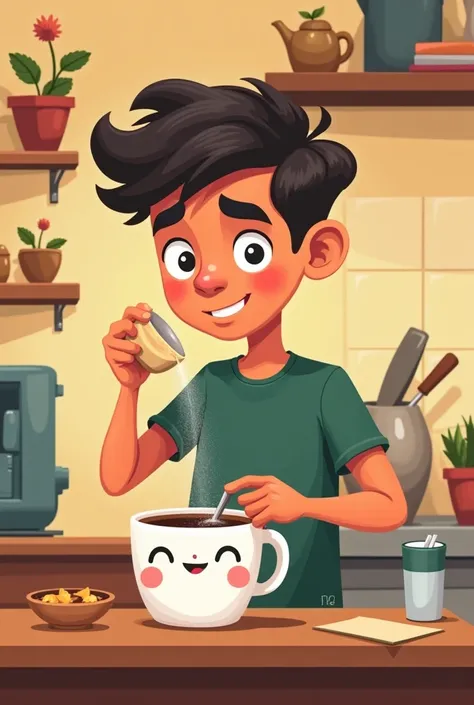 A young man prepares a cartoon coffee 