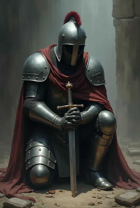 Warrior of the Crusades, of armor, helmet and sword in hands, Kneeling and sorry