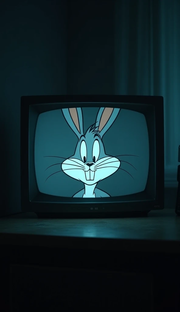  A TV turned on in a dark room, with Bugs Bunny watching you from the screen .
