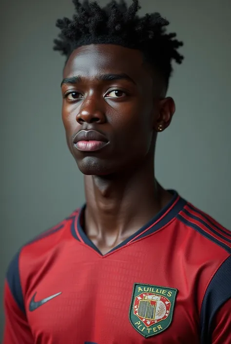 Create a model of a young adult black man with lighter skin, medium-short curly curly hair with a soccer team jersey and eyes very tired from work, cara neutra