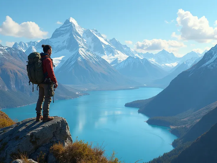 2 ️ 5 ️ ⇒ A traveler on top of a mountain overlooking Lake Wakatipu.
