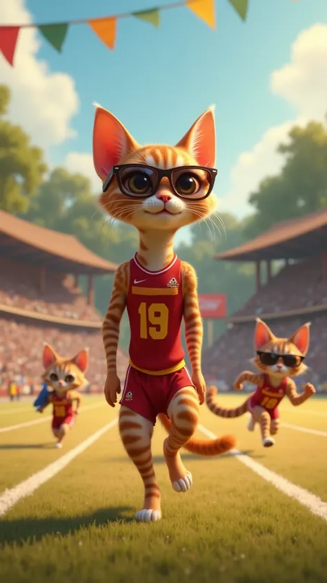 The modelA lean, athletic Abyssinian cat with sleek, golden-brown fur and piercing amber eyes stands proudly at the center of a lively countryside sports festival. Dressed in a tiny jersey with a matching sweatband, the cat’s toned muscles ripple beneath i...