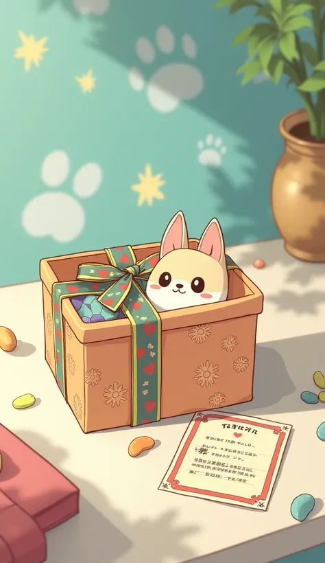 {
  "prompt": "An image in the style of Hayao Miyazaki's anime featuring a small and charming gift inside a beautifully decorated box with an elegant, colorful ribbon. The gift is meant for purchases under 500,000 Toman and includes small pet accessories l...