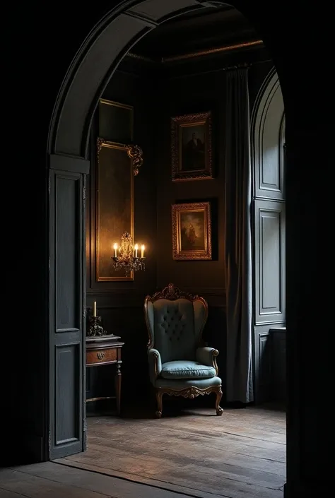 A stage, The corner of a gothic room with shades of black, with some paintings with golden frames on the walls, a small coffee table with a chandelier and dark curtains in the background, a colonial armchair in dark tones that match the environment perched...