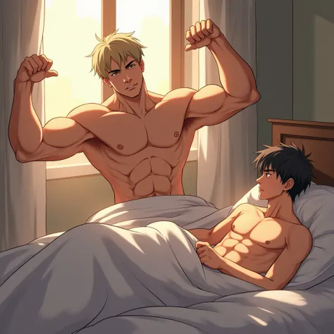 prospective drawing of a muscular anime-style male character with a well-defined torso and broad shoulders is waking up from bed, stretching his arms with a drowsy expression. Beside him, a slim and slightly delicate anime-style male character with a bare ...