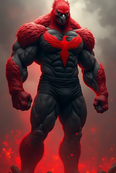  The image shows a         ,  Phoenix wearing powerful        ,          muscle building         , State and tall        .        Phoenix wears a black and red Grena uniform    .          The uniform fits your chest         , ARMS, and legs,        The shi...