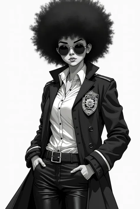 big afro hair, closed coat, big police badge on her coat pinned, leather pants, round shades, anime girl, hand-drawn, monochrome