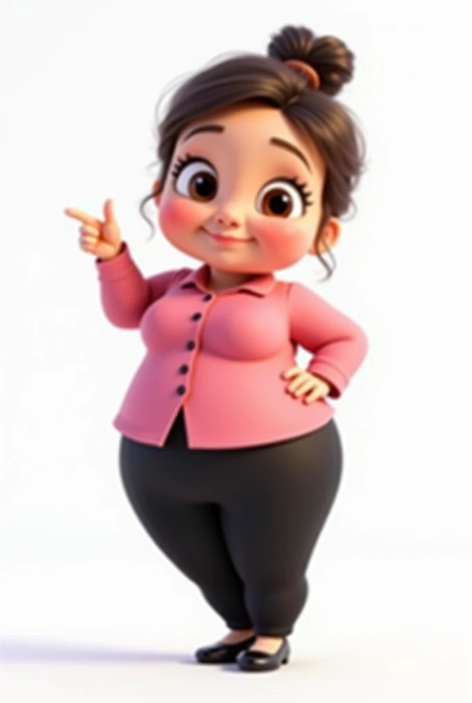 Create a full body poster of a cute chubby woman with her hair tied up with big eyes dressed in a pink blouse and black pants with black shoes pointing her right hand forward in Pixar style animated in 3d on a white background