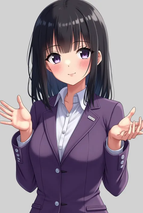 She looks like a Japanese anime, wears a purple suit, and has a nice smile; her hair is black; she is in her early 20s; she is in her early 20s; she is holding out her hands; her face looks like a real eye; no beard 