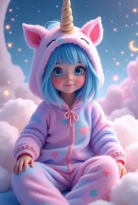 Girl in unicorn pajamas with blue and pink hair 