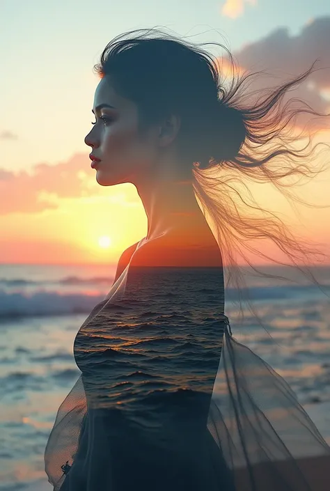  high quality, 8K ultra HD, Una hermosa  double exposure que combina una silueta de diosa con la costa al atardecer,  the coast at dusk should serve as a backdrop,  with its details incorporated in the goddess, sharp lines, The background is monochrome,  s...