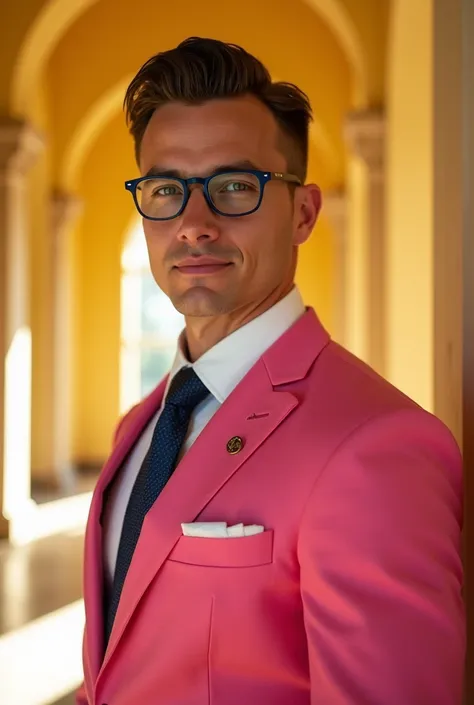 Superclose handsome man, Wearing a pink suit,  showing her big breast, Chapel yellow,  brown hair, undercut, Olhão Verdes ,  smile, dark blue glasses. strong, . 