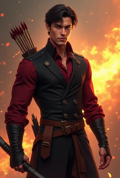 Create a fictional character. He is handsome, high, a young man with brown eyes and dark brown short hair. He wears a black and burgundy fitted waistcoat with long sleeves highlighting his muscles,  Black pants . He rules fire ,  and his main weapon in add...