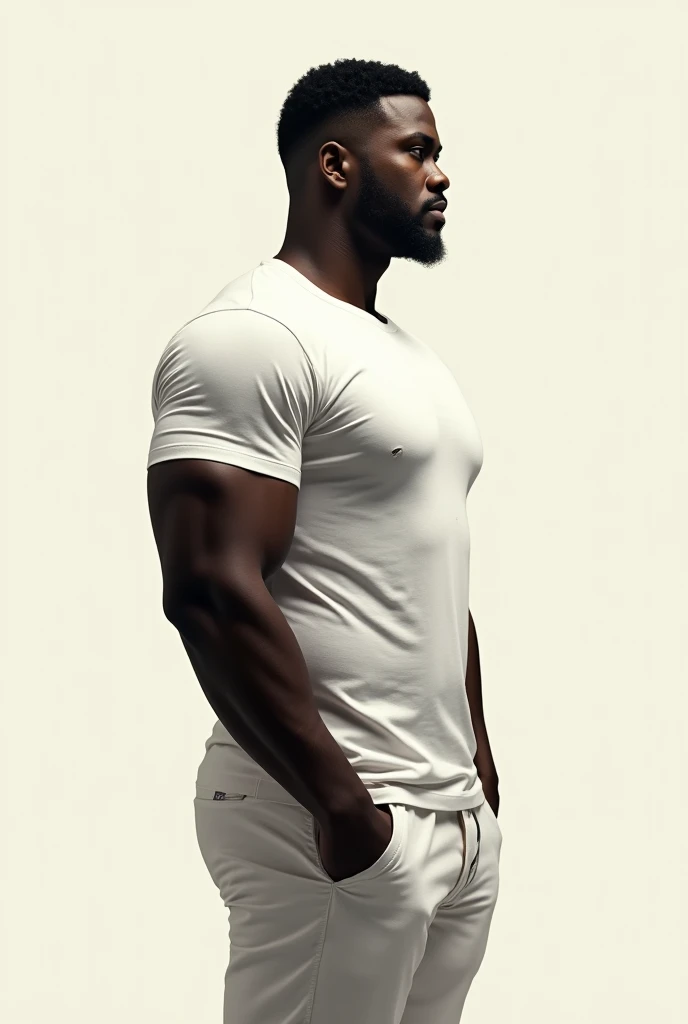 Man, dark skin, muscular, tall, short hair, wearing a white t-shirt and pants, profile, looking at the viewer.