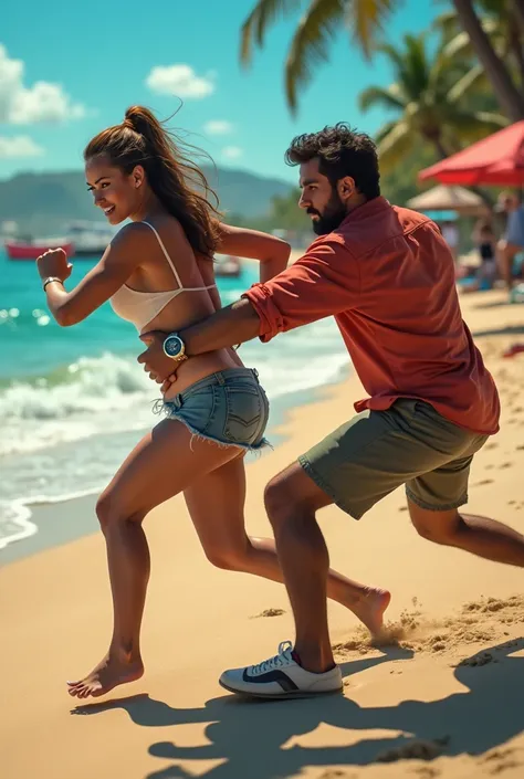 Woman who wants to get away with her husband's back ,  her husband takes her by the arm to stop her, On the sand of the beach colorful background and modern boats 