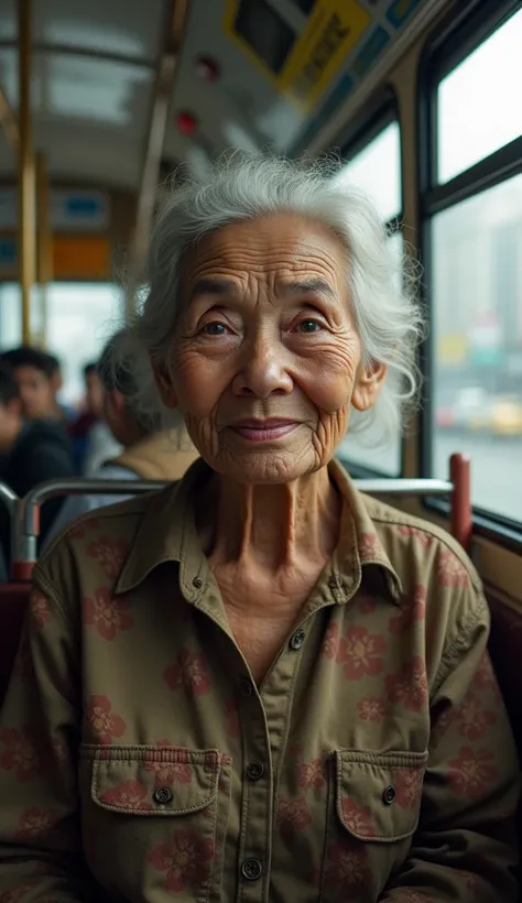 An old woman named Sandra with a small smile sitting on a bus.
