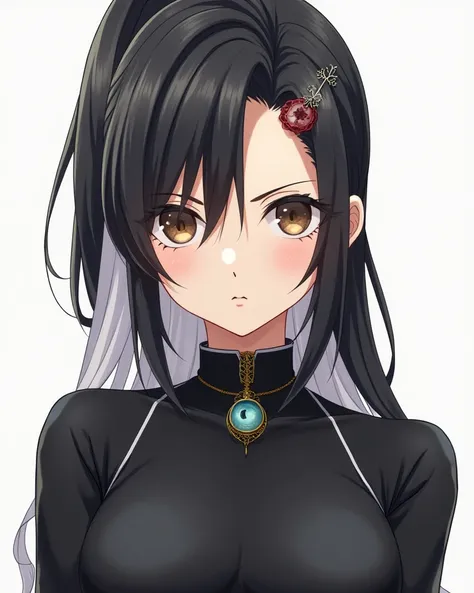 Portrait of a strong and mature anime character with a serious demeanor. Az is a girl with long hair featuring a mix of black and white, partially tied into a bun with a decorative Japanese hairpin. She wears a fitted compression shirt and a neck collar th...