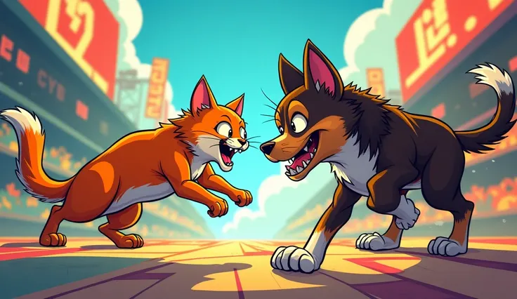 cartoon-style, colorful, cat vs dog battle, dynamic action, exaggerated expressions, bright colors, comic book effects, game arena, motion blur, funny, pop art style