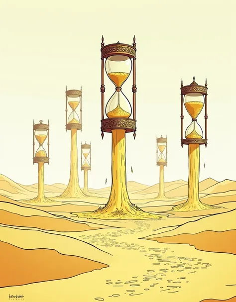 Make A Vast Golden Desert with Gigantic Floating Hourglasses Dripping Sand into the Air – An endless desert, with massive suspended hourglasses, slowly pouring sand upward into the sky. everything done like bold line art. full coloring page, no colors