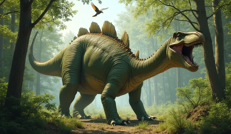  A herbivorous dinosaur revived in the modern era ,  Large size ,  with scaly skin in shades of green and brown ,  similar to a brachiosaurus or iguanodon .  The creature is in the middle of a contemporary forest ,  foliage devouring the leaves and branche...