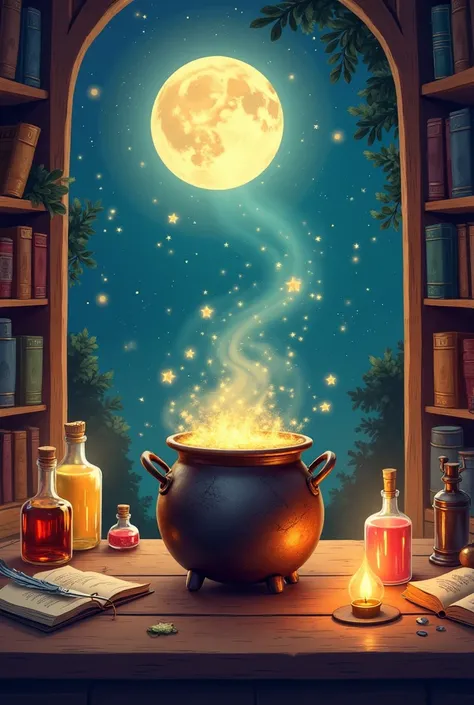  Design of back cover for a women's cartoon ,  inspired by the magical and enchanting universe .  The back cover presents a warm and magical atmosphere ,  with elements such as bright stars in the sky ,  a waxing moon softly illuminating ,  and beams of go...