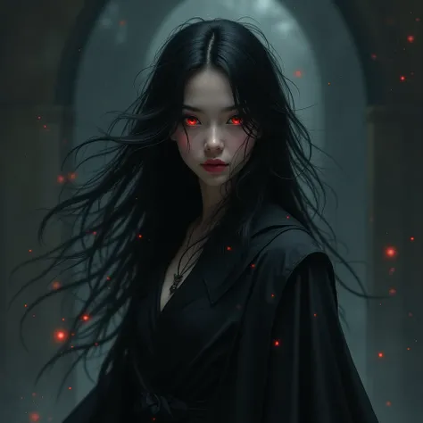 "A mysterious young woman with an enchanting beauty. She has large, deep red eyes that glow faintly when she is emotional. Her long, jet-black hair flows freely down her back, slightly messy yet adding to her allure. Her skin is fair but not pale, resembli...