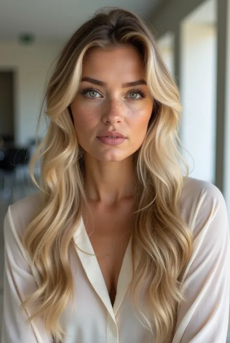 understood! I will create a description for an image similar to .

Prompt:
" A blonde woman with long hair ,  bulky and slightly wavy .  She has fair skin with soft freckles ,  expressive eyes and full lips .  Her expression is natural and serene . She wea...