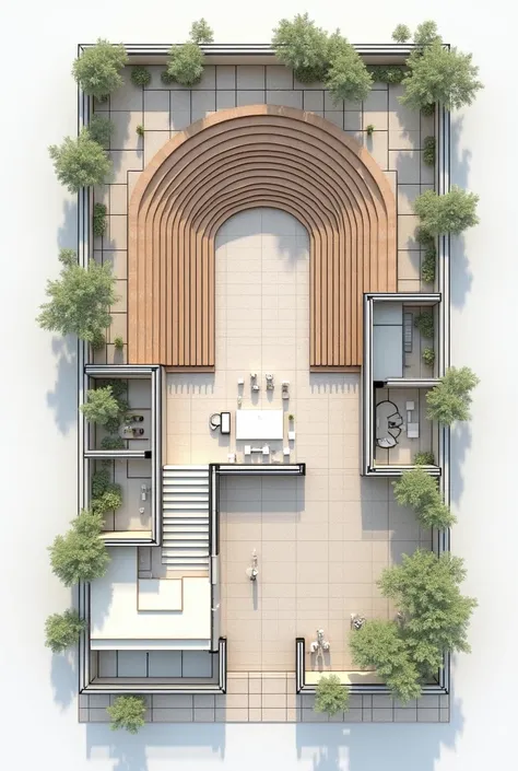 Architectural design for a horizontal plan for a cultural palace building with a large theater hall that can seat 1,500 people, restaurants, bathrooms, shops for sale, an administration part, and an indoor playground part