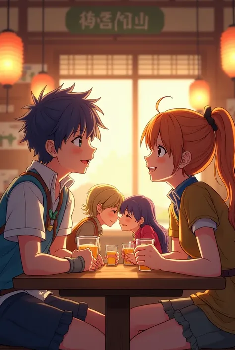 Picture 2 boys and 2 girls meet and have fun at a meeting and then fall in love with each other in the style of Japanese entertainment Dragon Quest. The background is an izakaya.