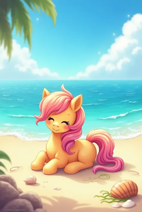 A PONY SITTING ON A BEACH 
