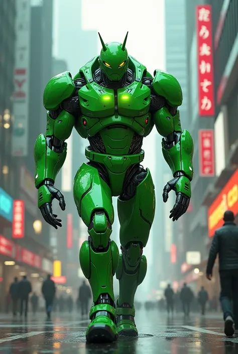 Make the Android logo (The telephone company) Have a more futuristic green body with a muscular robotic build with a cyberpunk style walking around the city 
