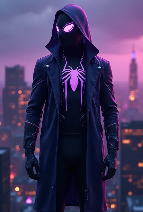 in comic style and spider-verse style, creat a spiderman suit  and it must be Deep periwinkle & soft lilac ,emanating a ominous aura, in new york, at night, on a rooftoop. (altoutgh its not a grown up man but actually a 18 yearsold in the suit)