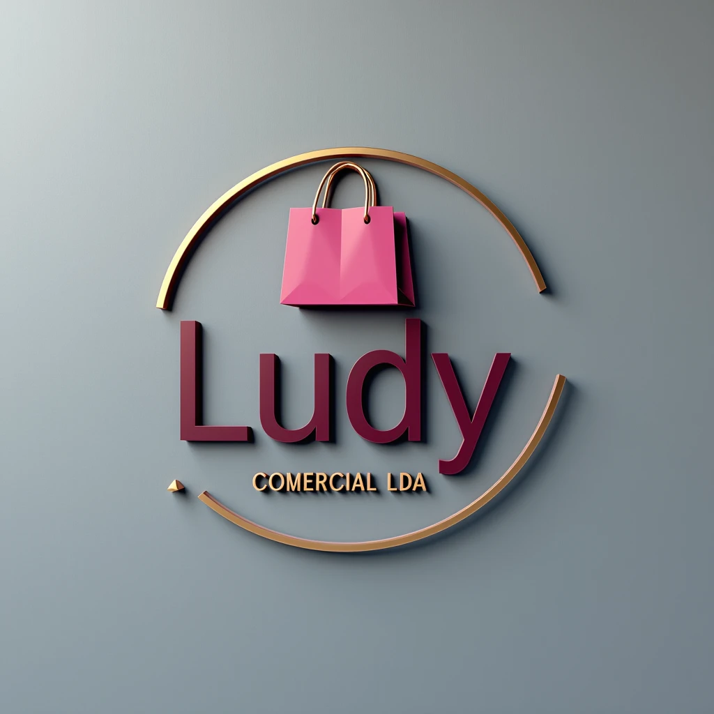 A 1D centered logo design on a gray wall featuring the initials 'Ludy' in bold uppercase letters, colored in dark red The slogan 'COMERCIAL LDA' is beneath the initials in matching blue. Surrounding the design is a thin, cone-shaped outline resembling a ba...