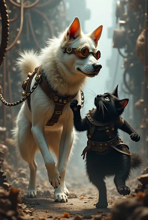 a masterwork picture of a white dog wearing steampunk clothes fighting a black cat ninja, , realistic art, (ultra details, Masterpiece, best quality),