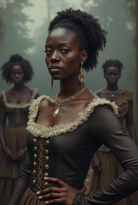  A black woman in elegant 18th century clothes,  standing with an expression of power , In front of other black women enslaved in chains. Background of a plantation ,  shades of gray and somber ."