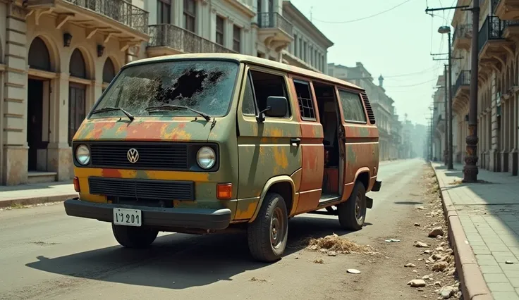 very old and dilapidated Volkswagen Transporter from 1985, cracked windows, peeling paint, military colors. A car is parked next to the sidewalk on an empty street in a big city. in the background there is an empty street, empty sidewalks without people, t...