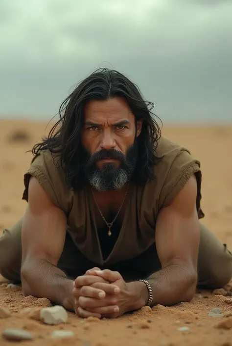  A male figure with a strong and expressive appearance ,  with long hair and dark beard ,  placed on the ground in a desert environment .  His gaze is intense and reflective ,  as if he were facing a moment of difficulty or trial.  His clothes are simple a...