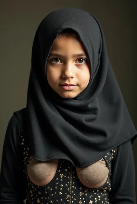 A 14-year-old girl with a hijab with fat breasts exposed