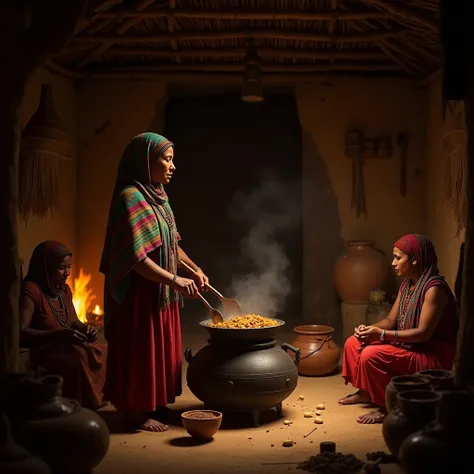 Draw a woman an ethiopian in the 16 century  womans making food on a big pot inside a hat house one woman is.making stew while two others are gwlpin