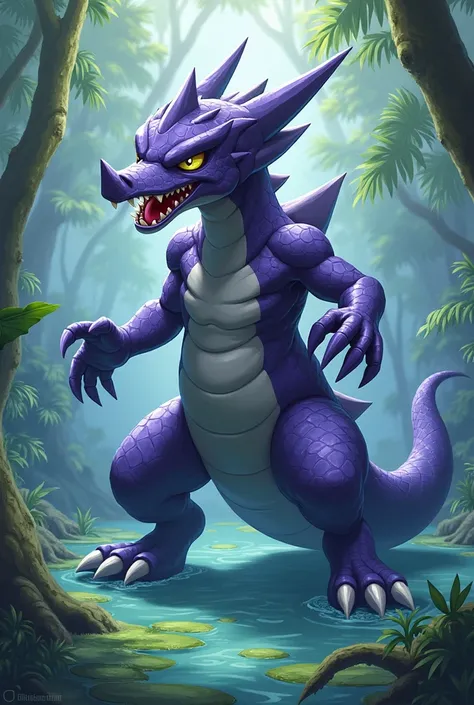 Create an image of a Pokémon inspired by a crocodile, Do it in the Pokemon cartoon style, That he is a dragon and water type that his color is dark purple