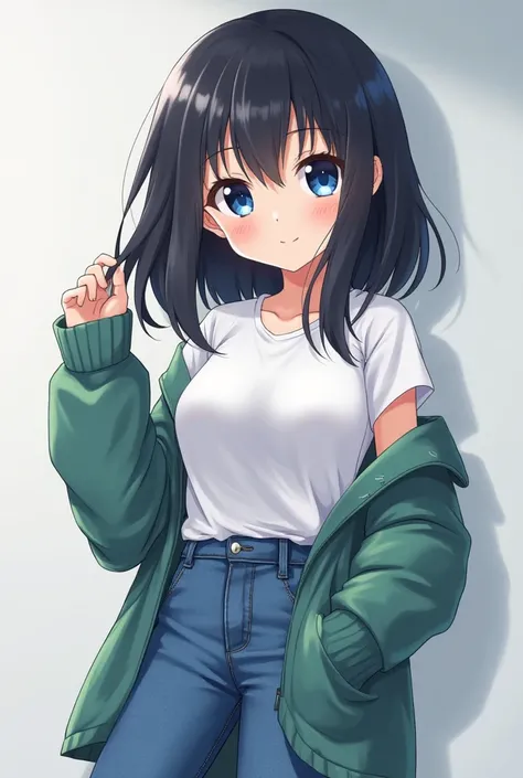 I want a picture of a beautiful anime girl with wide blue eyes and medium-length black hair wearing wide jeans and I don't want several pictures in different poses. I don't want several pictures in different poses. I want to see me