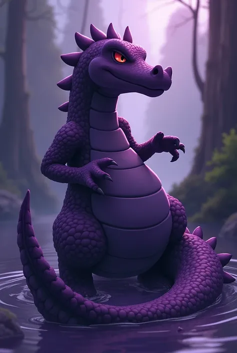 Create an image of a Pokémon inspired by a crocodile, Do it in the Pokemon cartoon style, Water that its color is dark purple, Make it closer to the crocodile's side