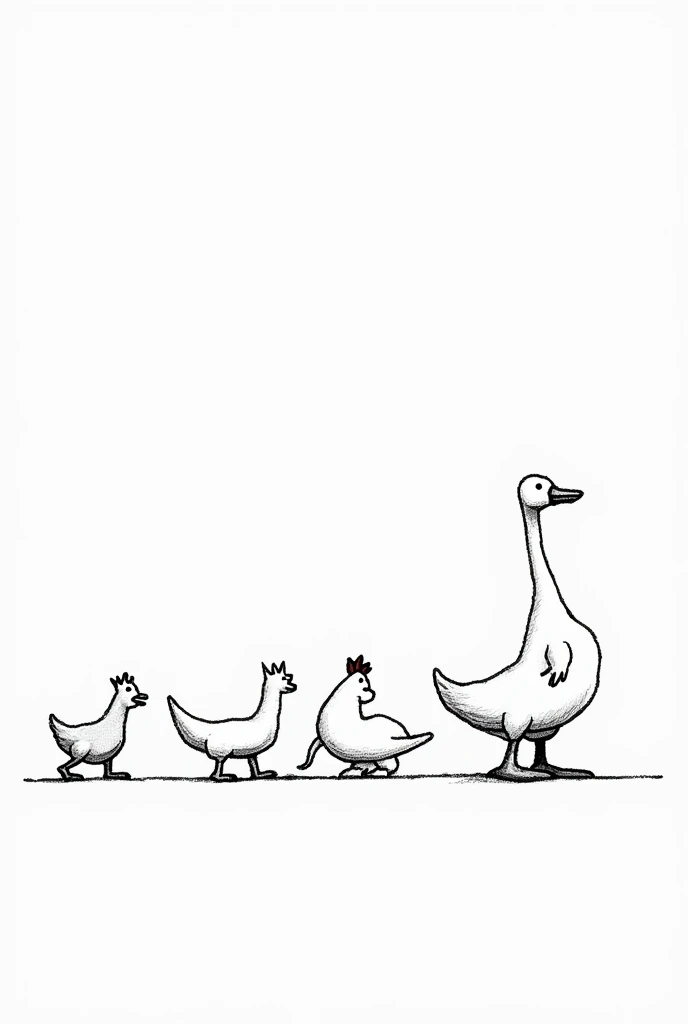 Black and white drawing for duck is leader then chicken and cat and 🦕 follow the duck